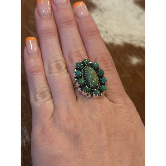 Native American 925 SW Sterling Silver & Green Turquoise Cluster Ring🌵Snake Eye - Picture 6 of 11